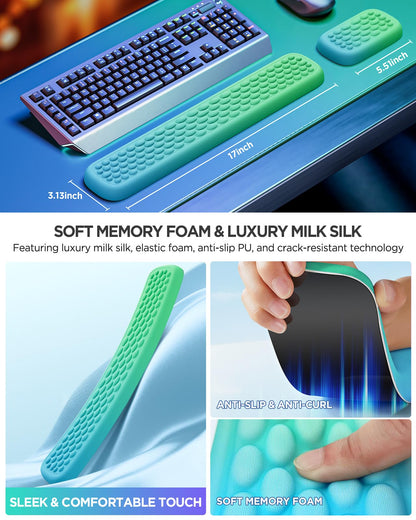 Lekvey Keyboard Wrist Rest, Silky Memory Foam Wrist Rest for Computer Keyboard, Mouse, Ergonomic Massage Design for Typing Pain Relief, Desk Pads Support Hand and Arm, Stain Resistant, Green Blue
