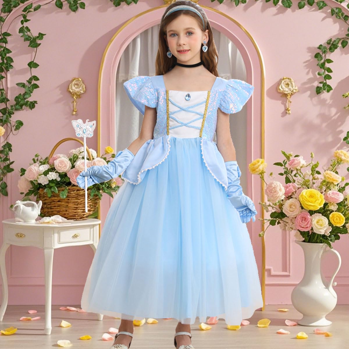 iTVTi Princess Cinderella Costume for Girls Kids Cosplay Dress Carnival Halloween Party Outfit, Blue, 5-6 Years