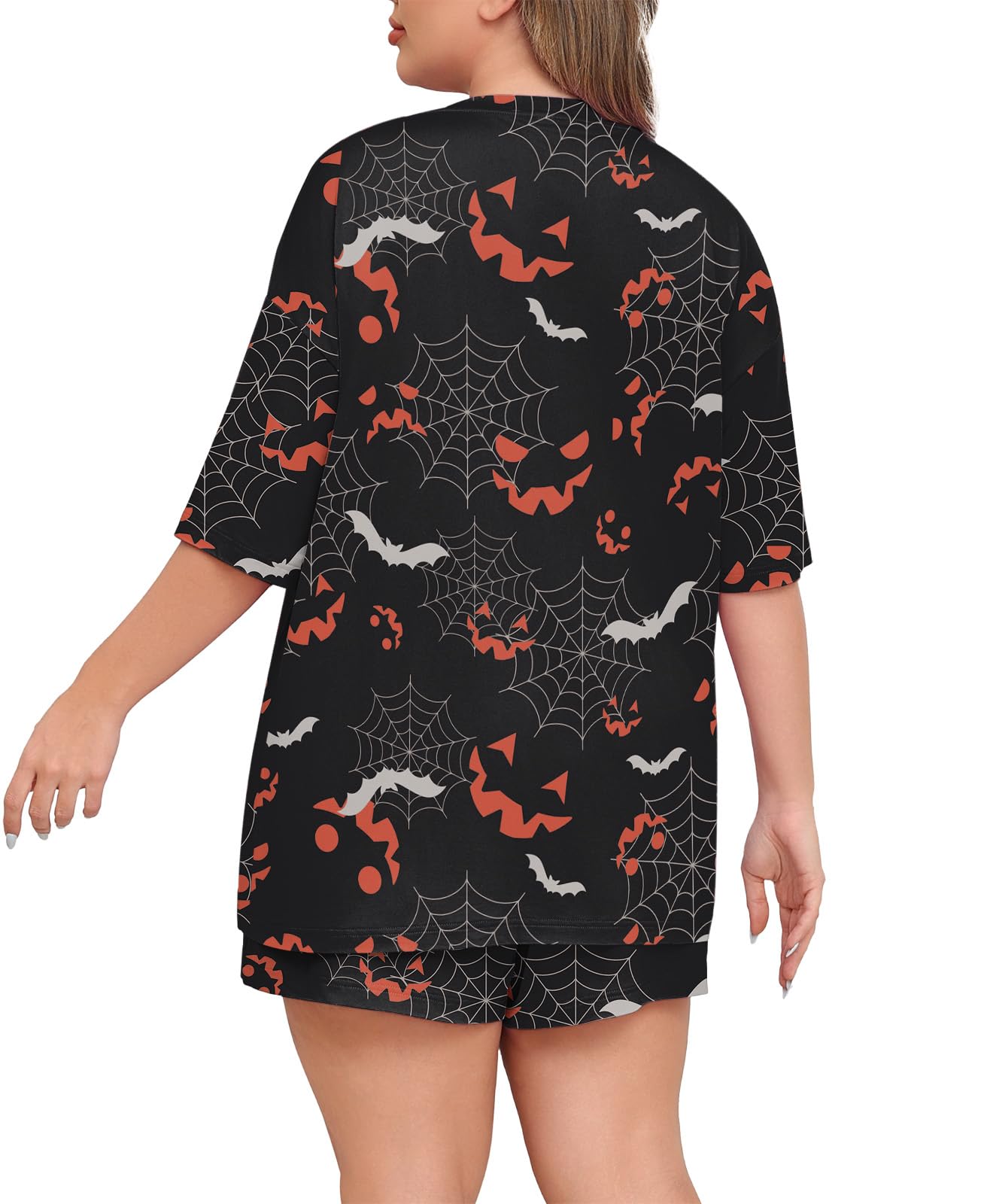 Lastshe Pajamas Set Women's Plus Size 2 Piece Soft Short Sleeve with Pockets Shorts Sleepwear Knit Pjs Loungewear Sweatsuits,Halloween Spider Web,2X