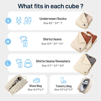 EPICKA 6 Set Ultra-Lightweight Compression Packing Cubes - Water Resistant Durable Travel Organizers with Toiletries Bag, Expandable Travel Accessories for Carry on Luggage, Suitcase (Beige)