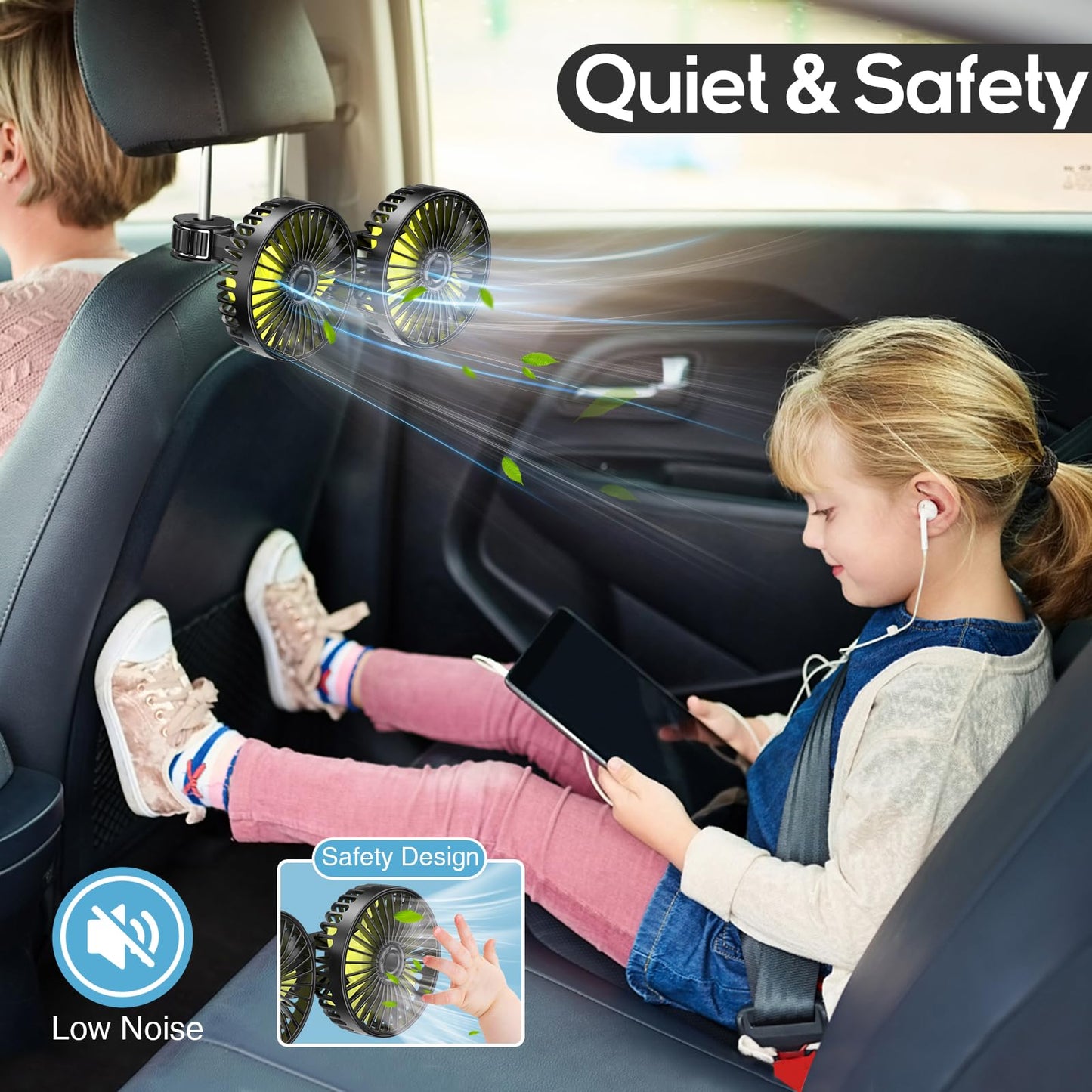 Dealswin Car Fan for Backseat kids, Dual Head USB Car Seat Fans, 360° Rotatable Strong Wind Rear Headrest CarFan for Baby, Air Circulation Fan with Adjustable Clip for Vehicles SUV RV