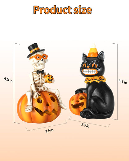 iStatue Halloween Decorations Indoor, 2-Pack Resin Black Cat & Skeleton on Pumpkin with Jack-o’-Lantern Lights Gift for Fireplace Tabletop Party Tiered Tray Decor (Skeleton & Cat)