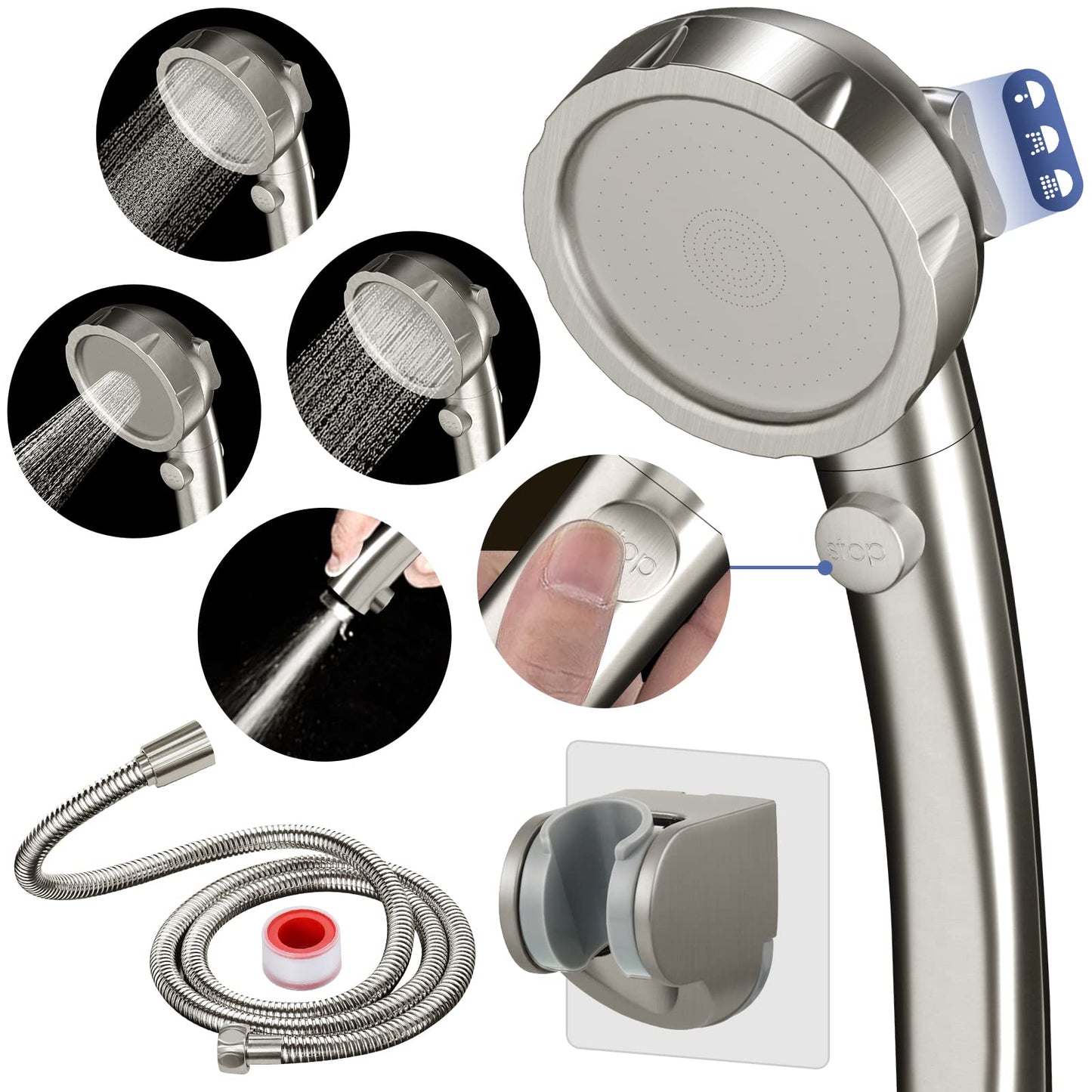 HANLIAN High Pressure Shower Head with Pause Button, 3 Spray Modes Shower Head for RV Camper, Water Saving On Off Shower, Handheld Shower Head with Hose and Self-adhesive Holder (Brushed Nickel)