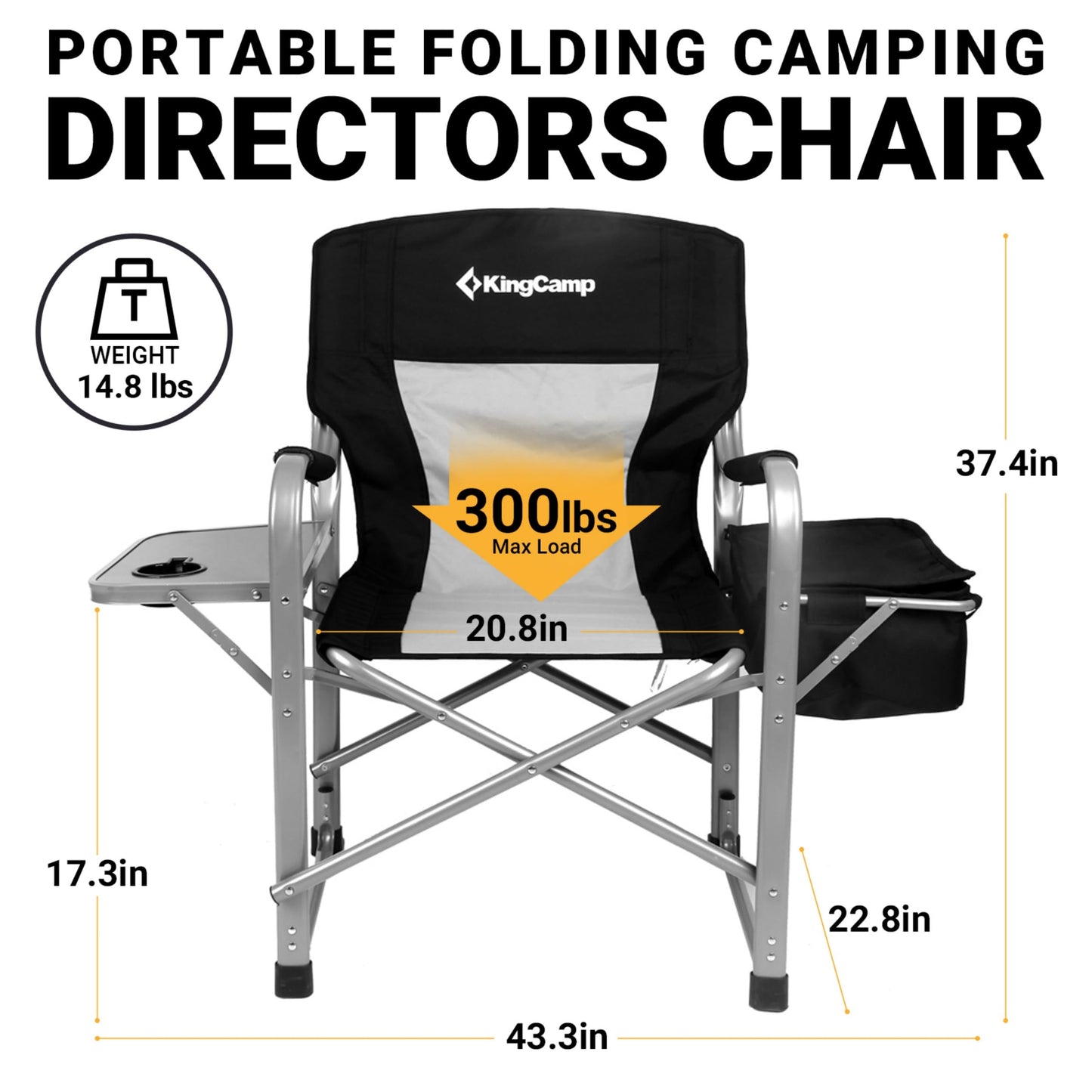 KingCamp Heavy Duty Camping Director Chair Outdoor Folding Chairs for Adults Oversized Camp Chair with Side Table, Cooler Bag, Padded Arms, for Fishing Sports Beach Picnic, Iron, Support 330lbs