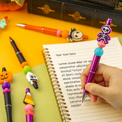 FFNIU Halloween Beadable Pens, Plastic Bead Pens with 12 Pcs Silicone Beads, Pumpkin Bat Skull Pens for Halloween Gifts School Office Supplies