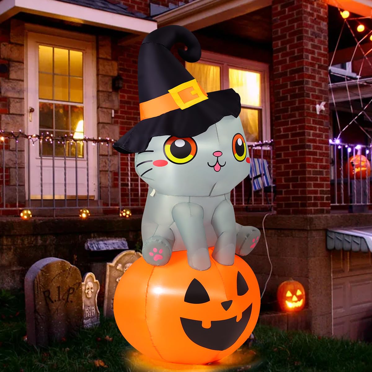 GOOSH 6 FT Halloween Inflatables Cat Outdoor Decorations Blow Up Yard Cute Wizard Cat Sitting Pumpkin with Built-in LEDs for Garden Lawn Indoor Party Decor