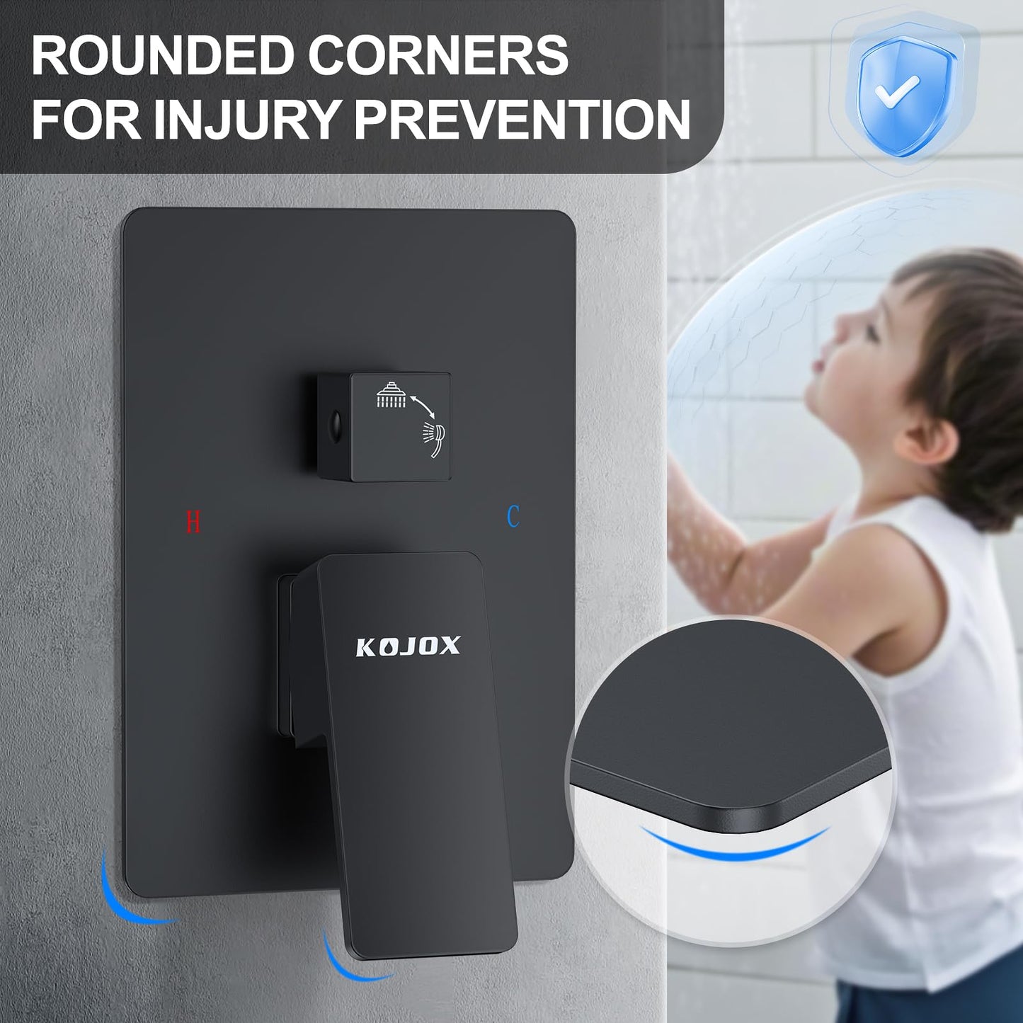 KOJOX Shower System with High Pressure 10'' Rainfall Shower Head, Handheld Shower head and Shower Faucet Trim valve, Bathroom Luxury Rain Mixer Shower Combo Set Wall Mounted Matte Black