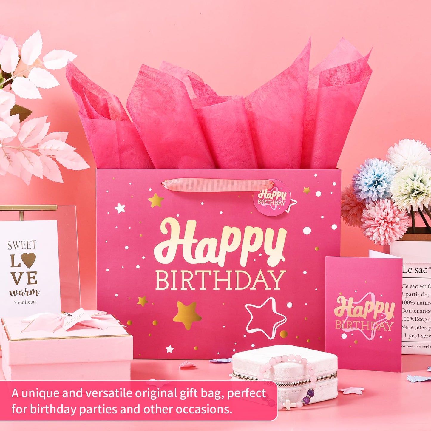 13" Pink Happy Birthday Gift Bag with Tissue Paper and Greeting Card for Party,Happy Birthday Gift Bag for Men Women,Gift Bags Medium size(1 PCS Pink Hot Stamping)