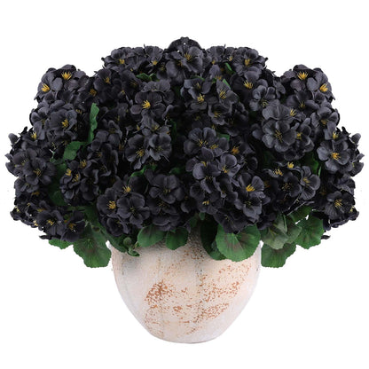 Hananona 6 Bundles Artificial Geranium Flowers for Outdoors Black Silk Geranium Flowers Outdoor UV Resistant Plants Faux Black Flower for Home Kitchen Halloween Table Centerpieces Decor (6, Black)