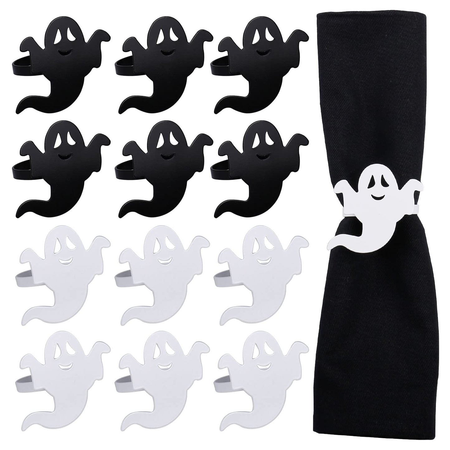 Ghost Napkin Rings Set of 12, White and Black Ghost Napkin Buckle for Halloween Holiday Birthday Party Decoration