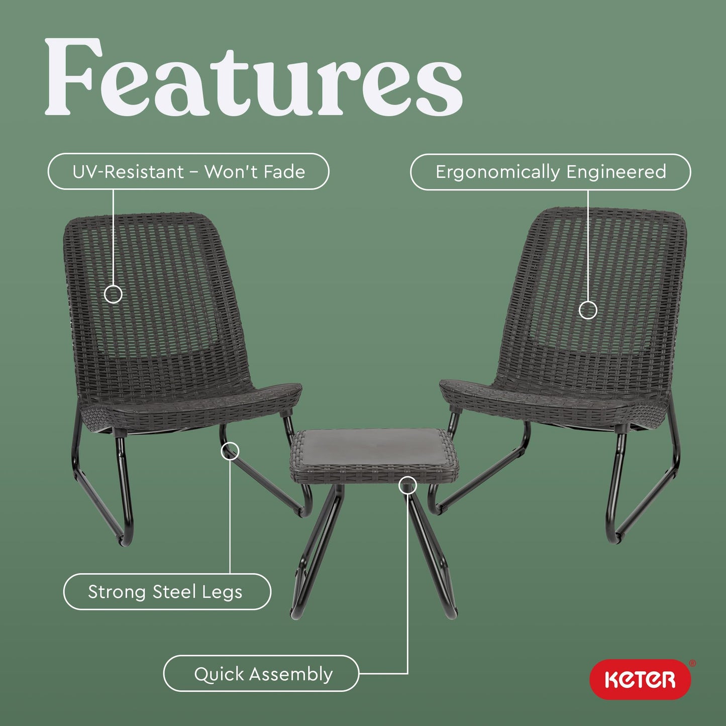 Keter Rio 3 Piece Resin Wicker Patio Furniture Set with Side Table and Outdoor Chairs for Front Porch and Backyard Decor, Dark Grey