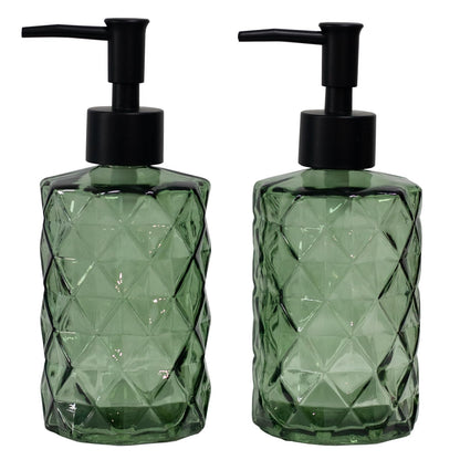 Green Glass Soap Dispenser with Black Plastic Pump, 12oz Refillable Liquid Hand Soap Dispenser, 2 Pack Crystal Lotion Bottle for Modern Home Decor, Bathroom, Kitchen Countertop, Hotel