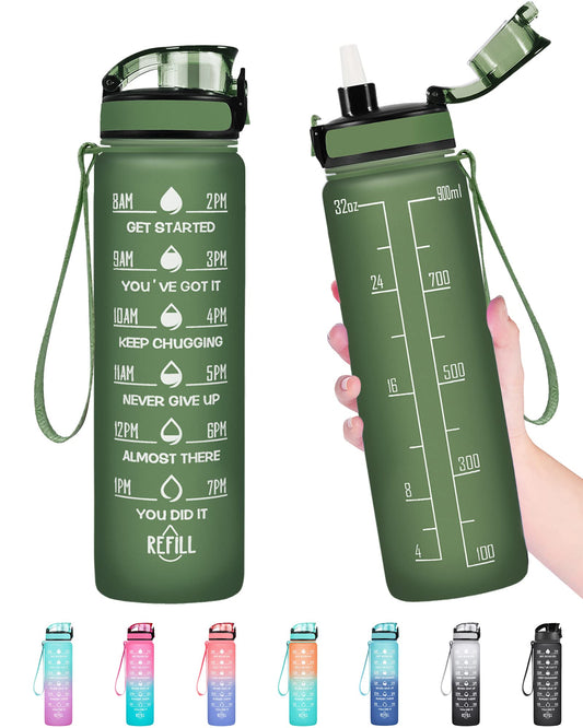 Enerbone 32 oz Water Bottle, Leakproof BPA & Toxic Free, Motivational Water Bottle with Times to Drink and Straw, Fitness Sports Water Bottle with Strap for Office, Gym, Outdoor Sports, Hunter Green