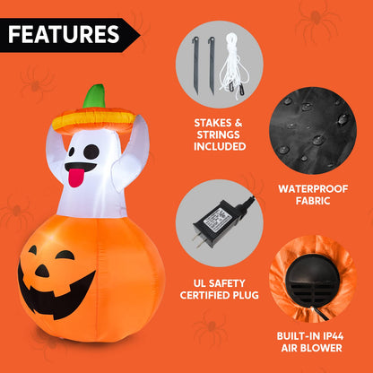 Joiedomi 5 FT Halloween Inflatable Ghost Outdoor Decorations, Blow Up Yard Decorations in Pumpkin, Blow Up Ghost Inflatable with LEDs for Cute Halloween Decor