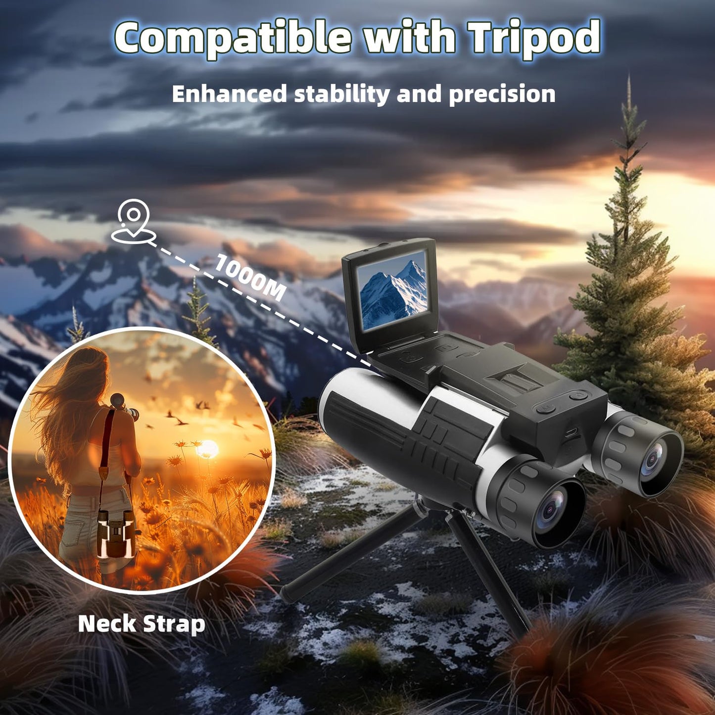 12x32 Binoculars for Adults, Digital Binoculars with Camera 5MP Photo Full HD Video 2" LCD Display Screen with 32GB Micro SD Card for Bird Watching Hunting Football Concerts Theatre (Silver)