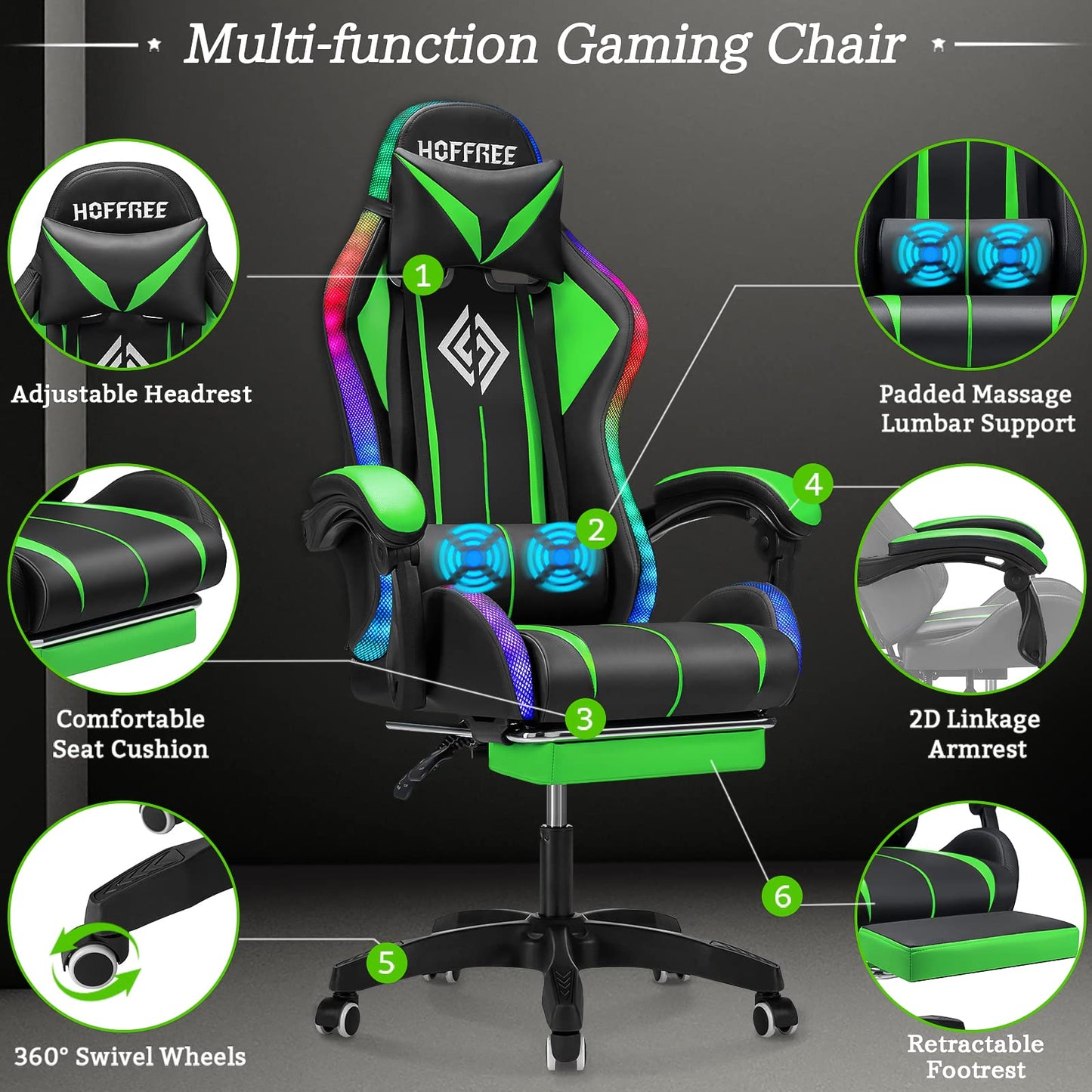 Gaming Chair Massage with Bluetooth Speakers and Lights Ergonomic Computer Game Chair with Footrest LED RGB Lights High Back Music Video Game Chair with Lumbar Support Green and Black