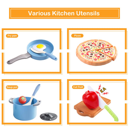 150Pcs Kitchen Playset, Toddlers Pretend Cooking Cookware Accessories, Food, Picnic Blanket, Fruits, Veges, 2Pack Shopping Storage Basket, Dessert and Prop Money, Gift for Kids (Blue)