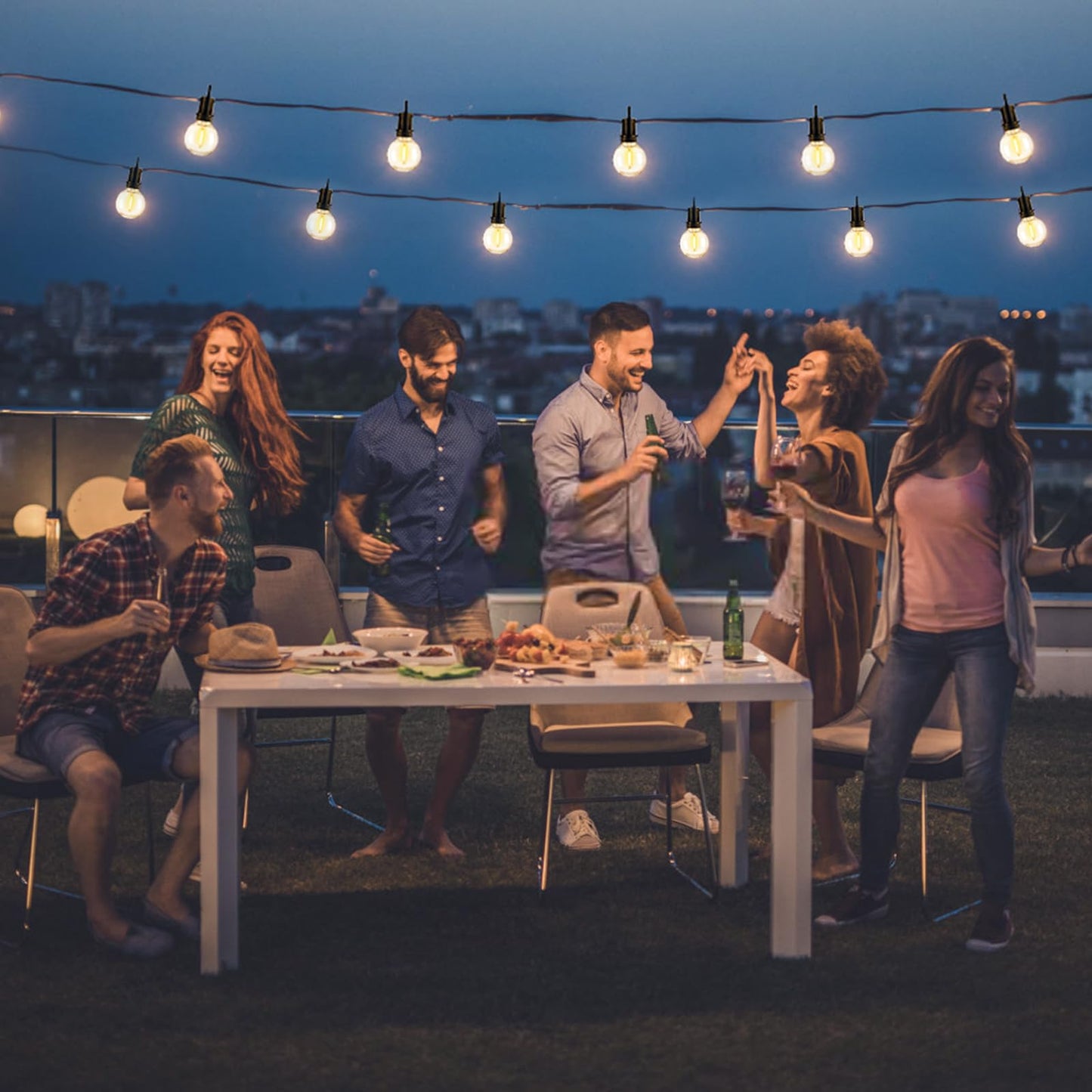 100FT Solar Lights Outdoor String Lights Waterproof G40 Patio lights Solar Powered with Remote USB Port 30+2 LED Shatterproof Bulbs 3 Light Modes, Dimmable Solar Lights for Camping for Porch Backyard