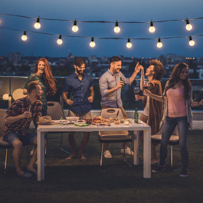 100FT Solar Lights Outdoor String Lights Waterproof G40 Patio lights Solar Powered with Remote USB Port 30+2 LED Shatterproof Bulbs 3 Light Modes, Dimmable Solar Lights for Camping for Porch Backyard