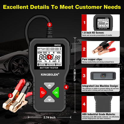 KINGBOLEN BM550 6V 12V 24V Car Battery Tester, 100-2000 CCA Voltage Tester 2Ah-220Ah Internal Resistance Tester Accurate Digital Auto Battery Analyzer for Cars Trucks SUV ATV Boats Motorcycles Vehicle