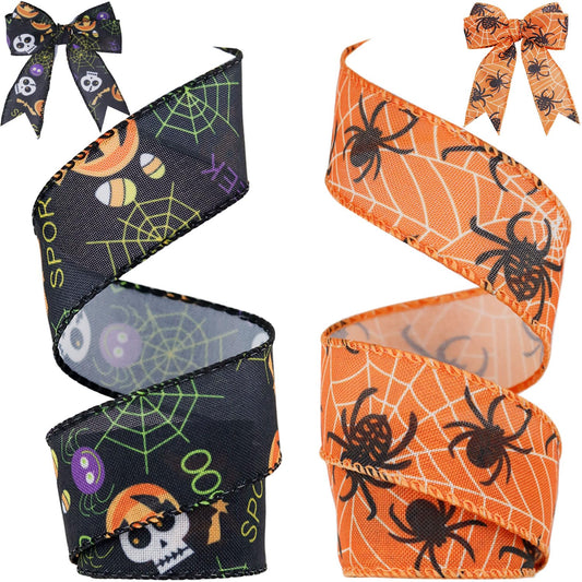 2 Rolls 12 Yards Wired Edge Ribbon - Skull Pumpkin Halloween Decorative Spider Web Printed Wrapping Ribbon for Party Wreath DIY Craft Floral Bow
