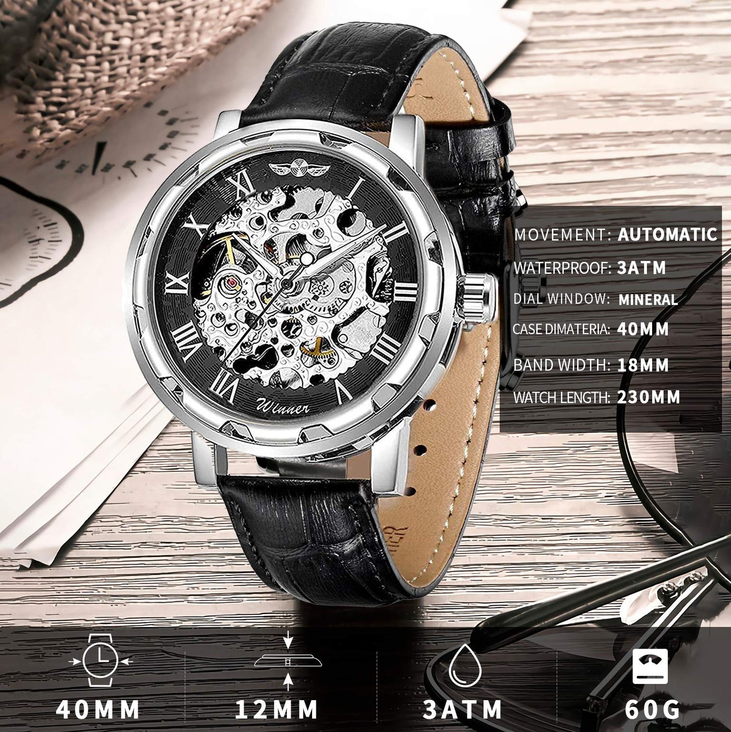 GLEIM Men's Watch, Mechanical Skeleton Steampunk Design Automatic Self-Winding Roman Numeral Silver Case PU Leather Wrist Watch