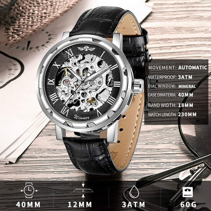 GLEIM Men's Watch, Mechanical Skeleton Steampunk Design Automatic Self-Winding Roman Numeral Silver Case PU Leather Wrist Watch