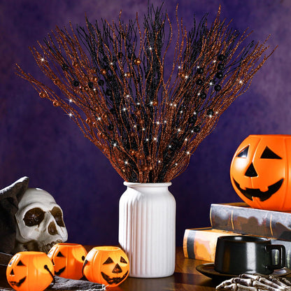 Giegxin 16 Pack Halloween Artificial Glitter Berry Stem, 17 Inches Fall and Thanksgiving Floral Picks Branches for Vase Centerpieces Labor Day Decor Holiday Ornaments(Black, Orange)