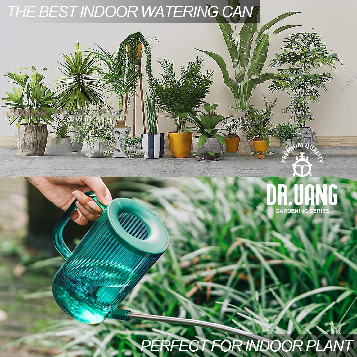 DR.UANG Small Watering Can Indoor Plants with Long Spout (1L, Emerald)
