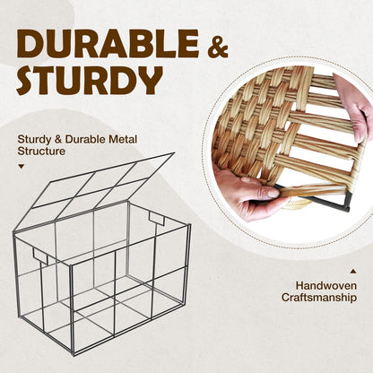 GREENSTELL Storage Basket with Lid, 27.7 Gallon(105L) Lagre Wicker Blanket Storage Basket with Handles, Foldable, 2 Removable Liner Bags, Metal Frame, for Bedroom, Laundry Room, Natural