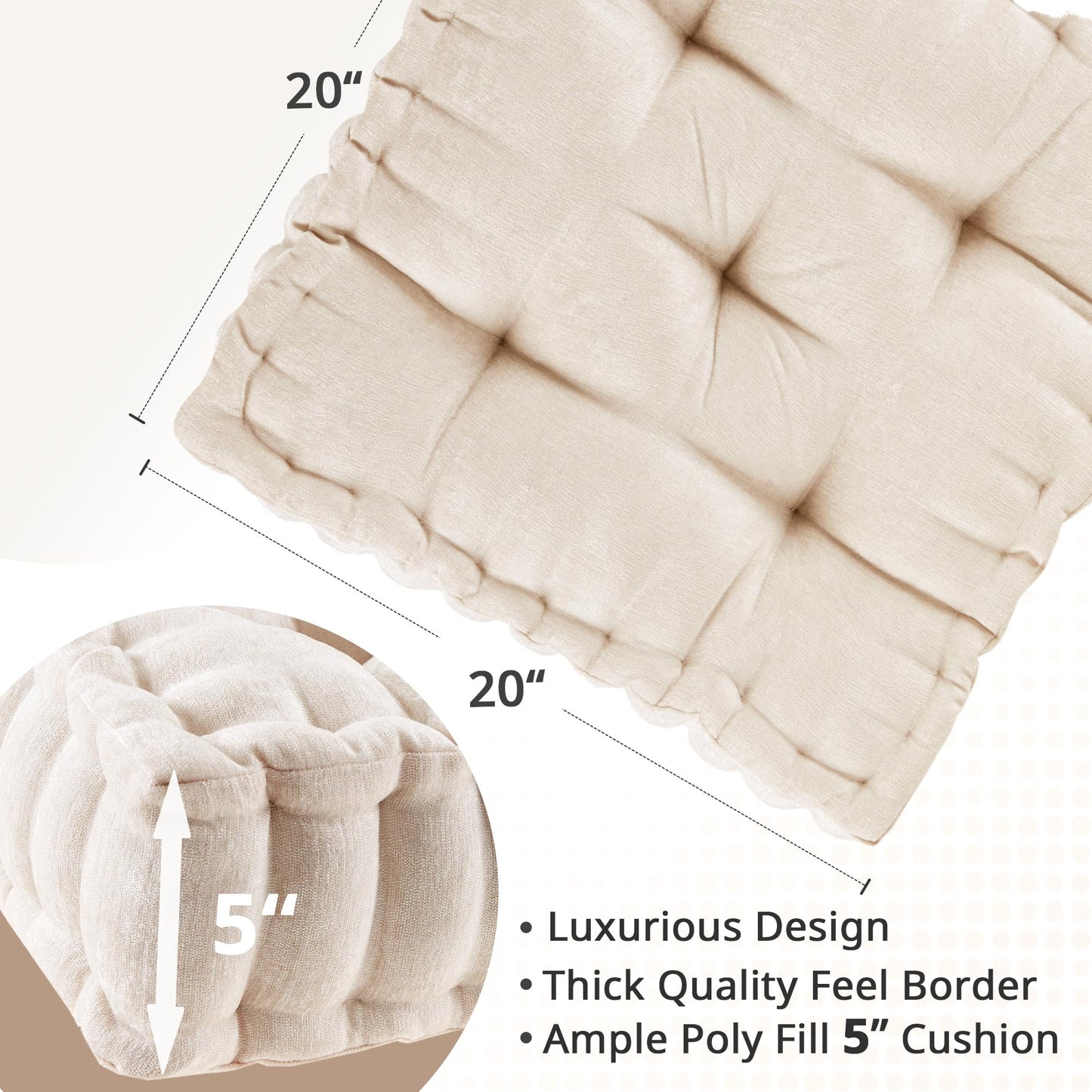 Intelligent Design Azza Floor Pillow, Large Cushions Sitting for Adults, Floor Pillow for Meditation or Yoga, Lustrous Chenille Tufted with Scalloped Edges for Bench/Chair Cushion, 20"x20"x5" Ivory