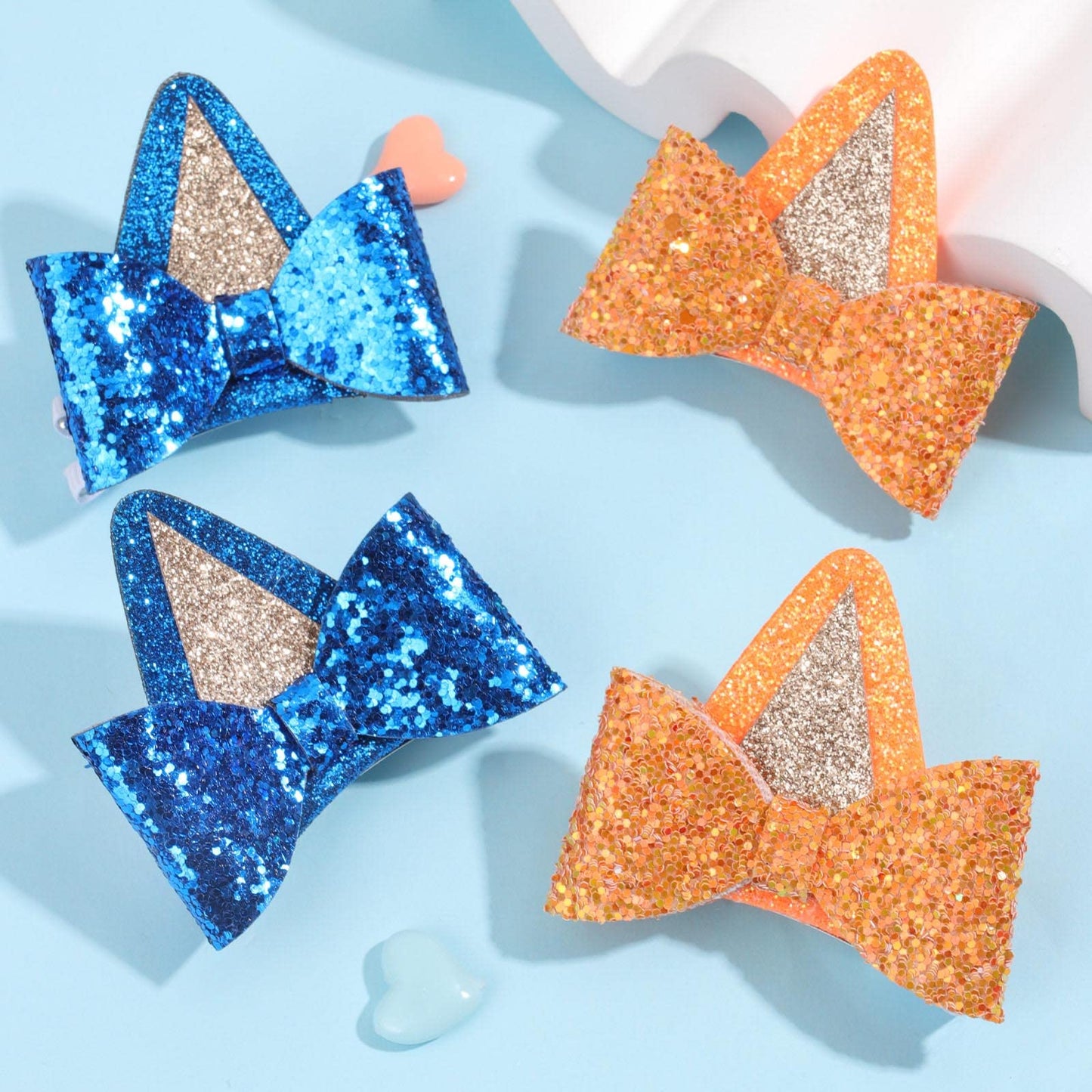 2 Pairs Blue Dog Ears and Orange Dog Ear Hair Bow Clips for Toddler Kids Adult Glitter Bows Halloween Costume Animal Cosplay Hair Accessories Birthday Party Supplies (Blue+Orange)