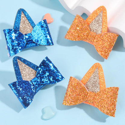 2 Pairs Blue Dog Ears and Orange Dog Ear Hair Bow Clips for Toddler Kids Adult Glitter Bows Halloween Costume Animal Cosplay Hair Accessories Birthday Party Supplies (Blue+Orange)
