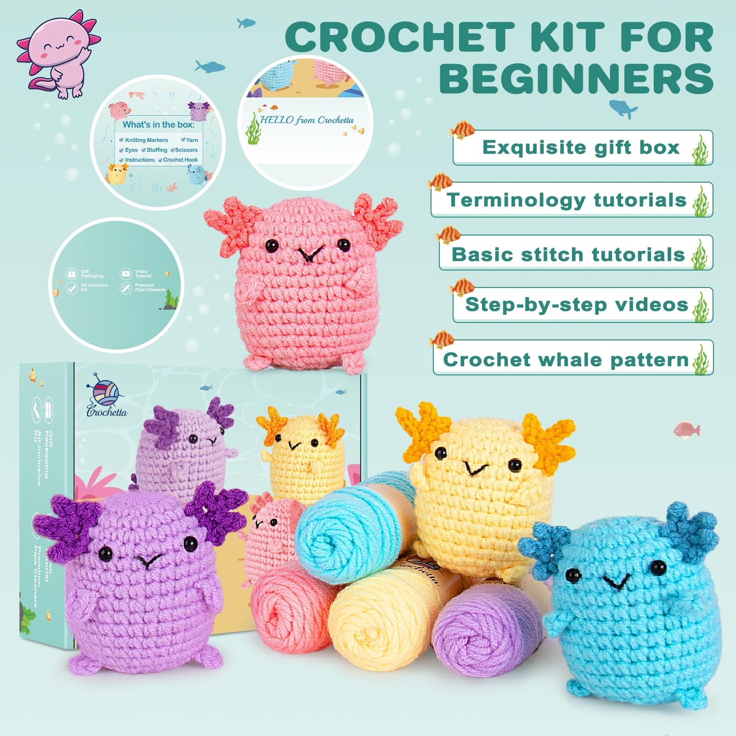 Crochetta Crochet Kit for Beginners, Crochet Starter Kit w Step-by-Step Video Tutorials, Beginner Crochet Kit for Adults Kids Women Men Complete Kit Included (4 Mini Axolotls)