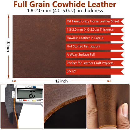 Genuine Leather Tooling Sheets 1.8-2.0MM Thick Genuine Top Full Grain Oil Tan Crazy Horse Cowhide Leather Sheets for Crafts Tooling Sewing Wallet Earring Hobby (Dark Brown, 8"x12")