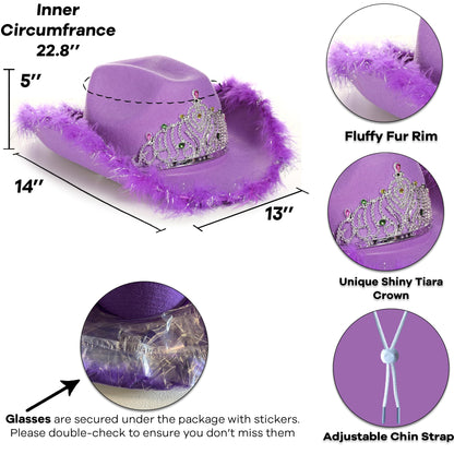 Funcredible Purple Cowboy Hat and Glasses - Preppy Cowgirl Hat with Tiara - Cowboy Hats with Feathers - Hannah Costume - Cowgirl Costume Accessories for Women and Girls