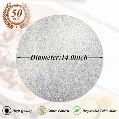 Datyiiha 50 Pieces Silver Glitter Paper Place Mats Sparkle 14'' Round Disposable Table Mats Silver Sequin Doilies Decorative Placemats for Wedding Banquet Party Home Dining Tableware