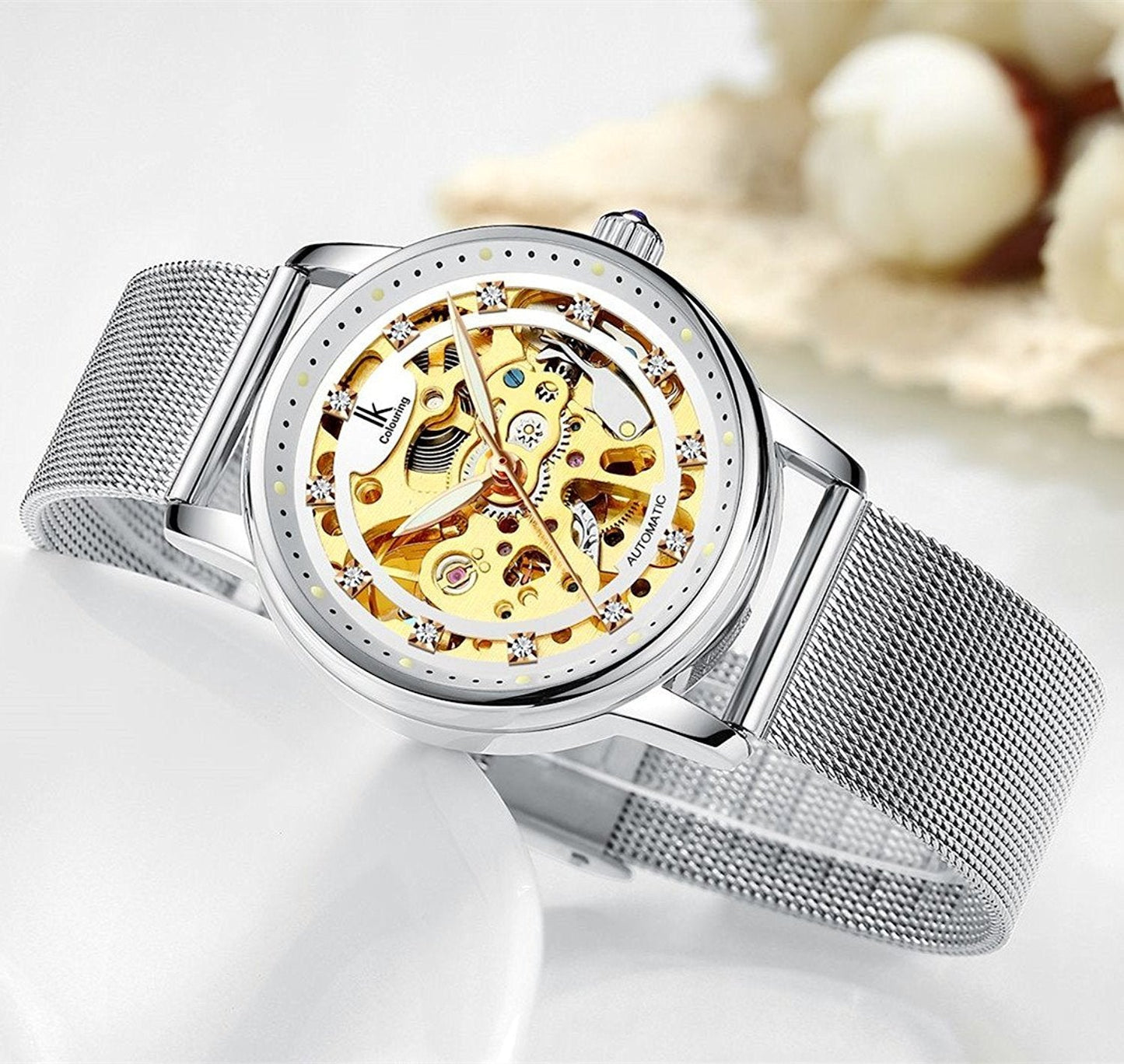 Gute Women's Watch Luxury Mechanical Stainless Steel Skeleton Steampunk Automatic Self Winding Mesh Band Wristwatch