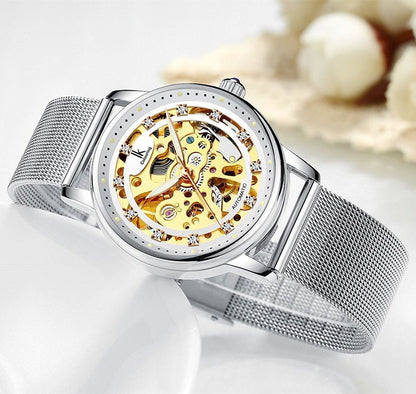 Gute Women's Watch Luxury Mechanical Stainless Steel Skeleton Steampunk Automatic Self Winding Mesh Band Wristwatch