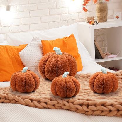 Kajaia 4 Pcs Pumpkin Throw Pillow Cushion 3D Thanksgiving Pumpkin Pillow Halloween Sherpa Fall Pumpkin Toy Fluffy Stuffed Pillow Kids' Plush Toy Pillow,11 Inches, 7 Inches (Brown)
