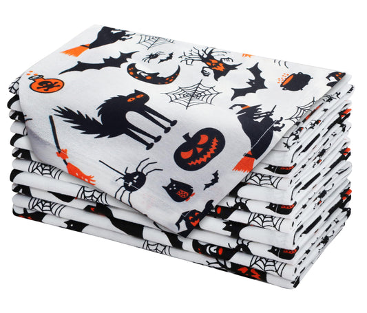 COTTON CRAFT Halloween Cloth Napkins - Spooky Hocus Pocus Dinner Napkins - Set of 12 Pure Cotton Reusable Washable Napkin - Halloween Decorations - Halloween Party Décor - 17 x 17 - Black White Orange
