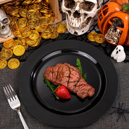 FLOWERCAT 100PCS Black Plastic Plates - Heavy Duty Black Disposable Plates for Halloween Party/Birthday/Wedding/Father's Day- serve 50guests 10 inch and 7 inch Set