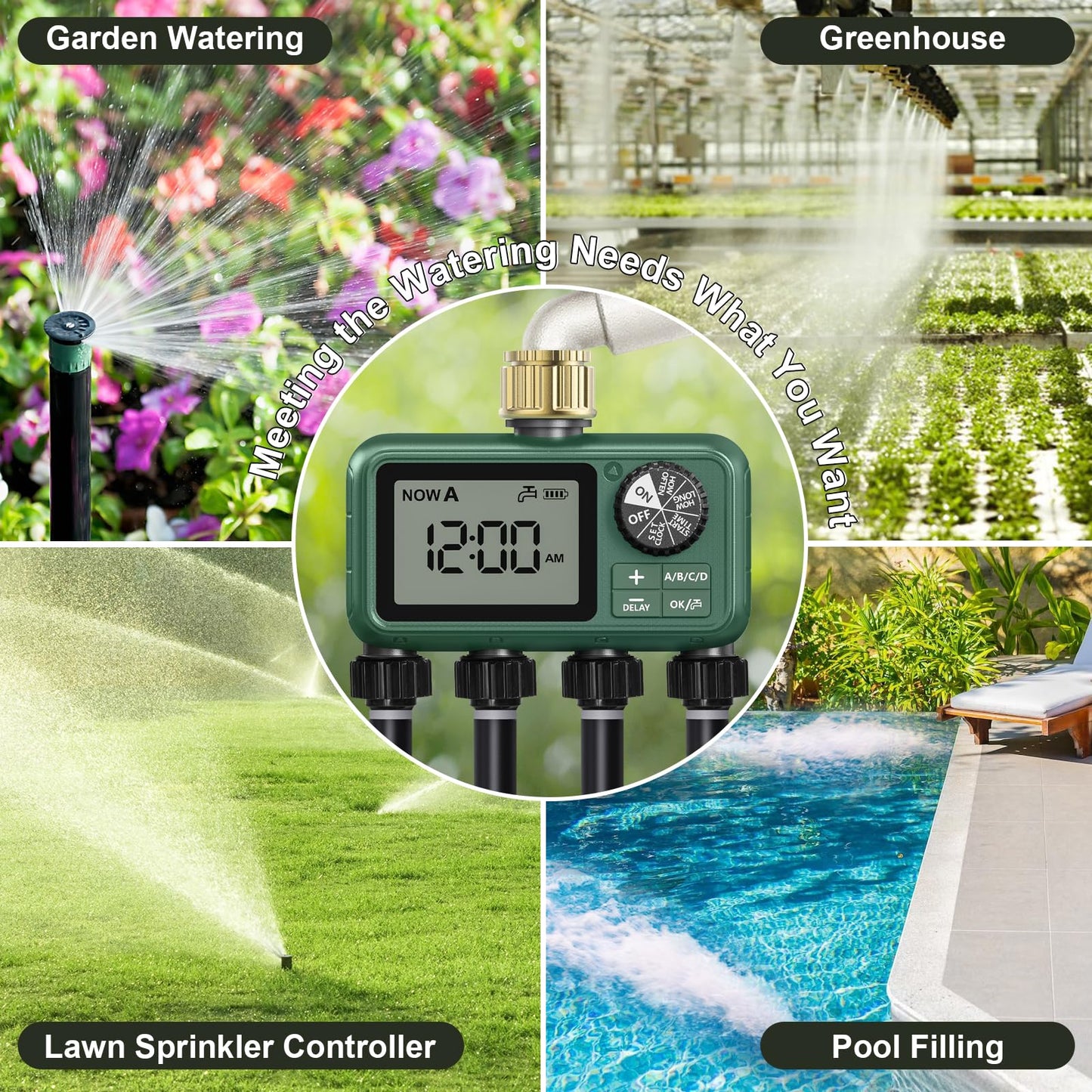 4 Outlet Sprinkler Timer Brass, Programmable Garden Hose Timer with Rain Delay, Manual& Automatic Watering System, Waterproof Gardening Supplies Irrigation Controller for 4 Separate Water Zones