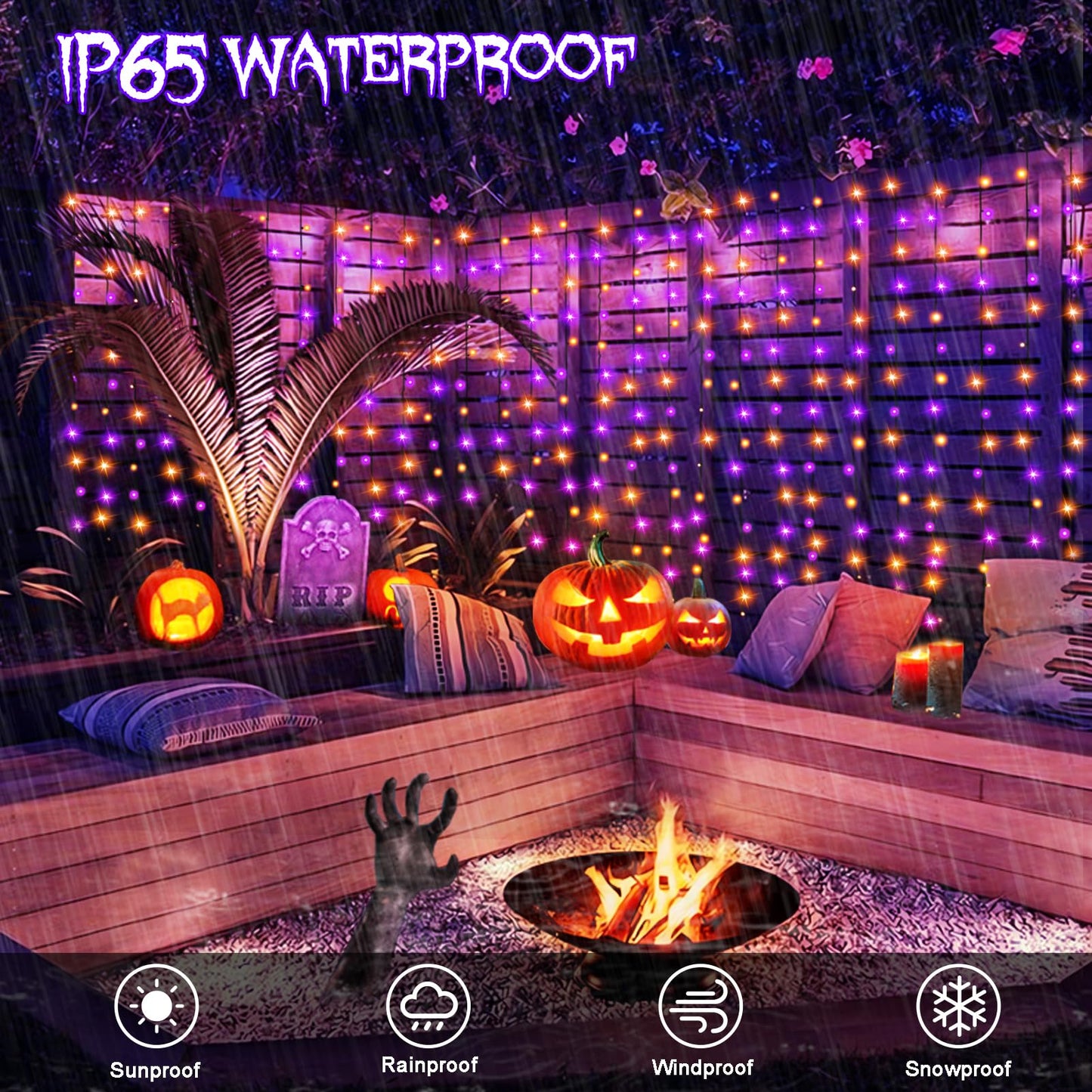 DealBeta Purple Orange Curtain Lights Battery Operated Halloween 300 LED Hanging Curtain Lights with Remote 8 Modes Timer for Wedding Halloween Party Decór (9.8ft×9.8ft)