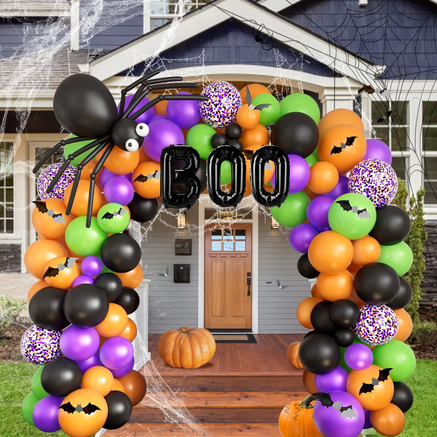 DBKL Halloween Balloons Garland Arch Kit with BOO Foil Balloon Spider Balloon Black Orange Purple Fruit Green Confetti Balloons for Halloween Party Decorations
