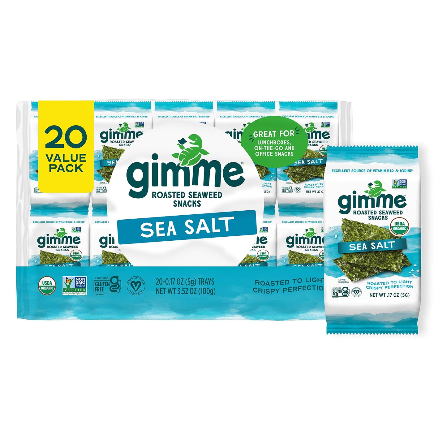 Gimme Seaweed Organic Premium Roasted Seaweed Snacks, Sea Salt, 20 Count, Keto, Vegan, Gluten-Free, Great Source of Omega3s and Iodine, Healthy On-The-Go Snack for Kids and Adults