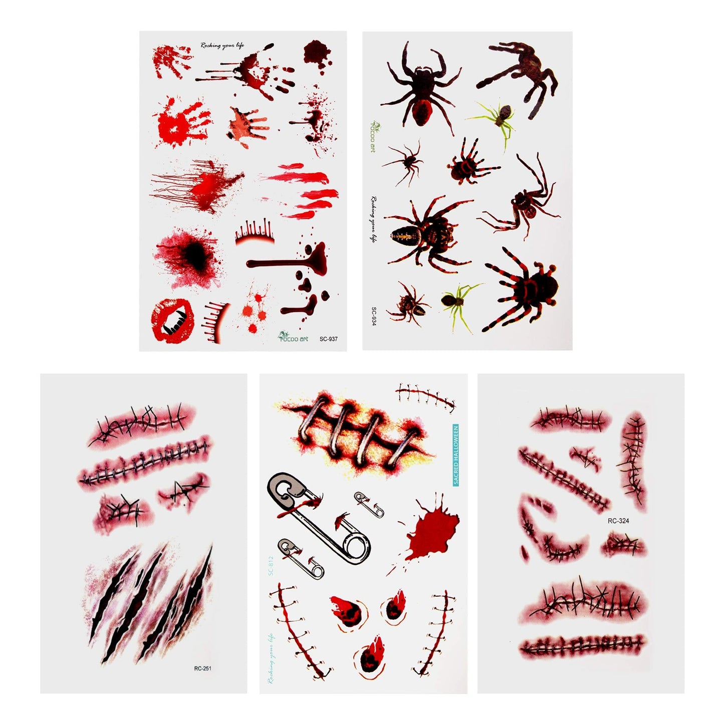 7 Halloween Sheets Scar Tattoo Stickers with Halloween Fake Knife for Halloween Party Costume