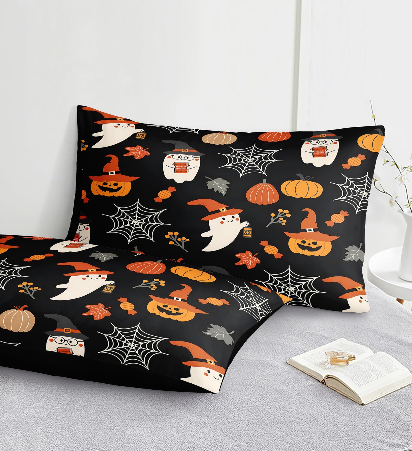 Cute Halloween King Comforters Cartoon Ghost Bedding Set Funny Halloween Bat Home Decor Cute Pumpkin Down Comforter Castle Quilt Set 4 Pcs Ultra Soft Microfiber for Kids Adults