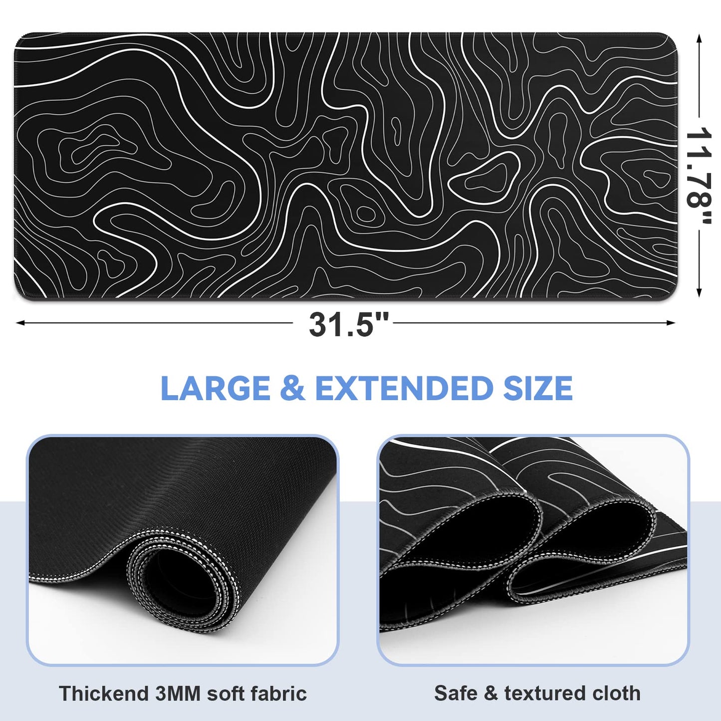 DIGSOM Mouse Pad Gaming Mousepad 31.5 x 11.8in Large Mouse Pad for Keyboard and Mouse with Anti-Slip Rubber Base, Keyboard Pad XL Mouse Mat for Home and Office（Black with White Topographic Line）
