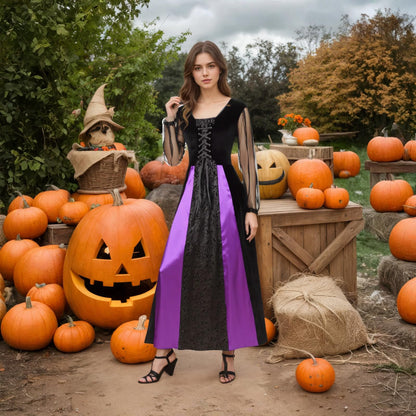 Colorful House Women Wicked Witch Costume, Purple Long Sorceress Classic Dress (Small, Purple/Black 3)